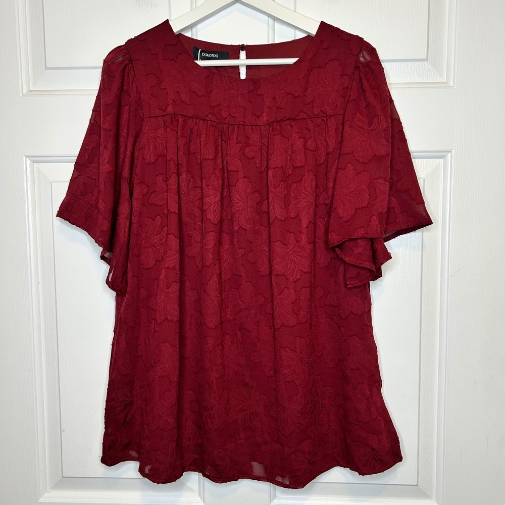 DOKOTOO NWT‎ Burgundy Floral Lace Babydoll Tunic Top Flutter Sleeve Square Neck